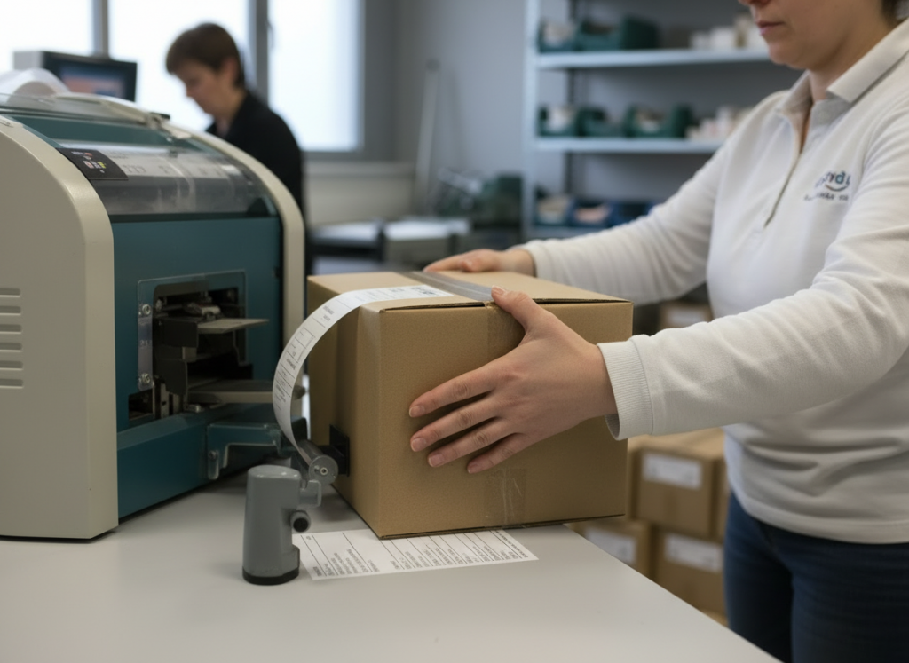 Zoom sur les mains d'une personne en train d'affranchir le colis
