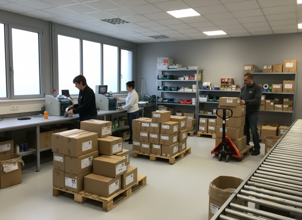 Vue d'un local d'une pme qui fait du colisage, affranchissement et envoi de colis. C'est une photo en 4K. On a une vue sur plusieurs palette rempli de colis prêt à l'envoi. L'équipe de 3 personnes travaille avec soin (2 femme et 1 homme). L'entreprise s'appelle Handirect, mais aucun panneau ne le mentionne. Les colis sont de petites et moyennes taille