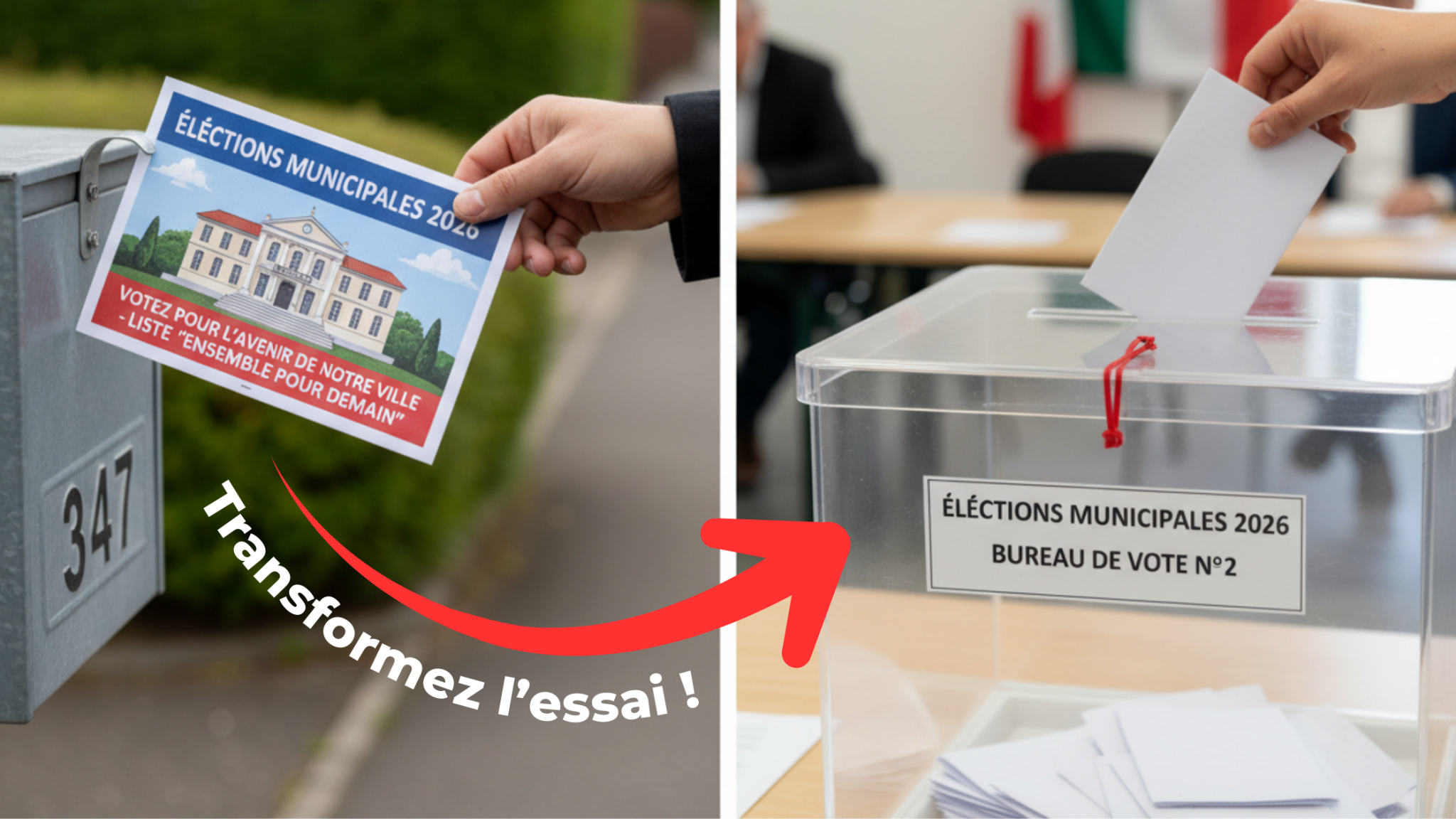 Photo mettant en parallèle le bulletin de vote que l'on met dans l'urne avec le tract électoral qui a été déposé au préalable dans la boîte aux lettres de l'électeur