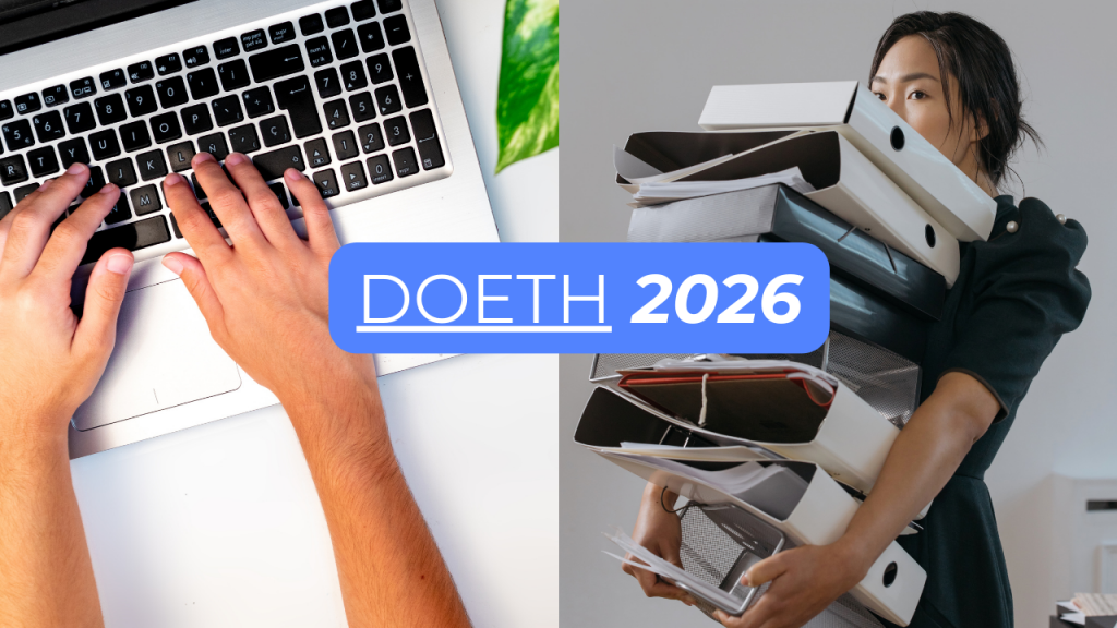 Miniature de l'article DOETH 2026. La fourmi d'Handirect est sur une pile de document administratif.