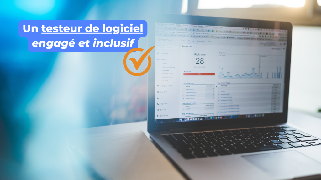 Testeur logiciel à Paris - Hauts de Seine. La montre un ordinateur et le texte atteste que le prestataire et engagé et inclusif